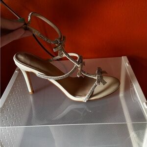 Rhinestone Bow Ankle-Strap High Heel Sandals in Silver